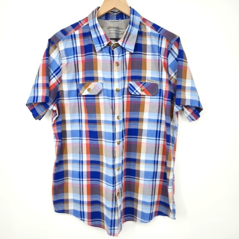 Eddie Bauer Mens Short Sleeve Camp Shirt Size L Blue Plaid‎ Outdoor Travel Gorp